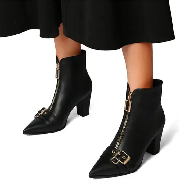 Pointed Toe Kitten Heel Boots-Women Black Booties Rivets Ankle Boot Fashion Shoe - Picture 2 of 5